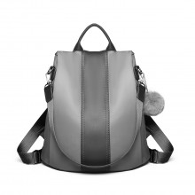 LG1903 - Miss Lulu Two Way Backpack Shoulder Bag with Pom Pom Pendant - Grey